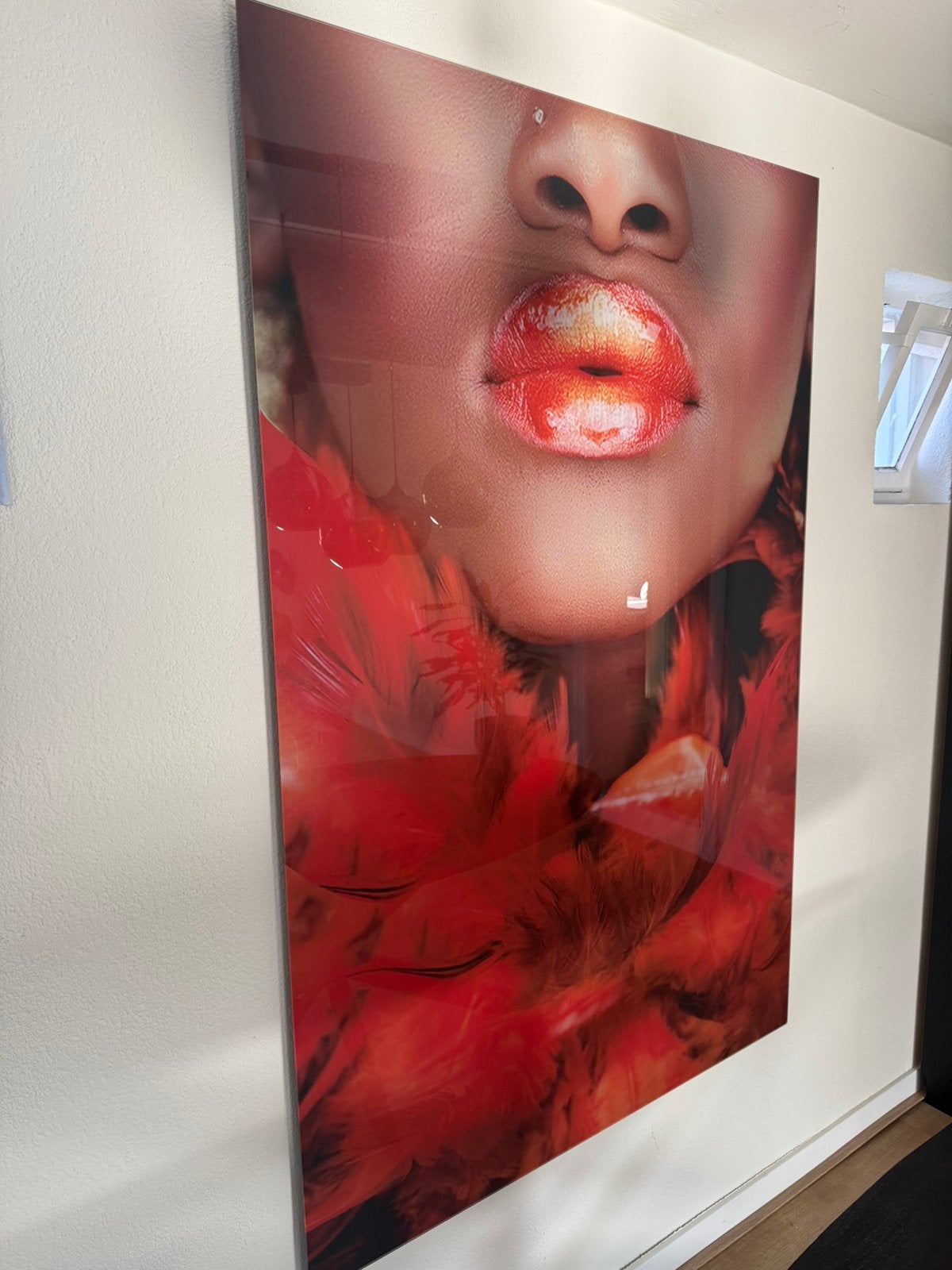 Plexiglas schilderij rode veren vrouw 120 x 160, Ophalen