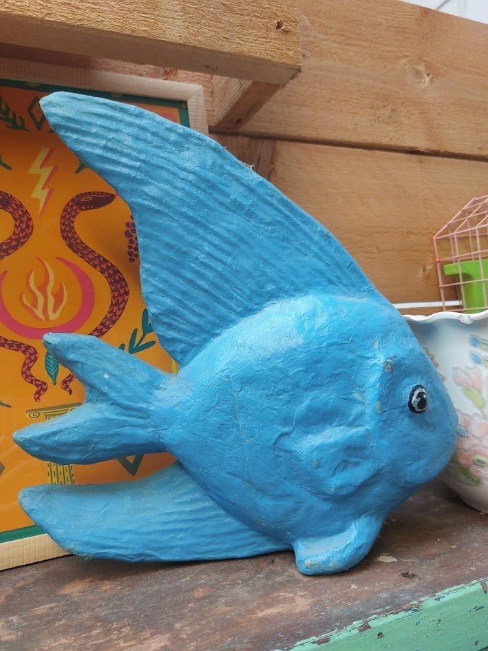 Unieke Vintage Papier-Maché Vis – Helderblauw (Maanvis), Antiek en Kunst, Ophalen of Verzenden