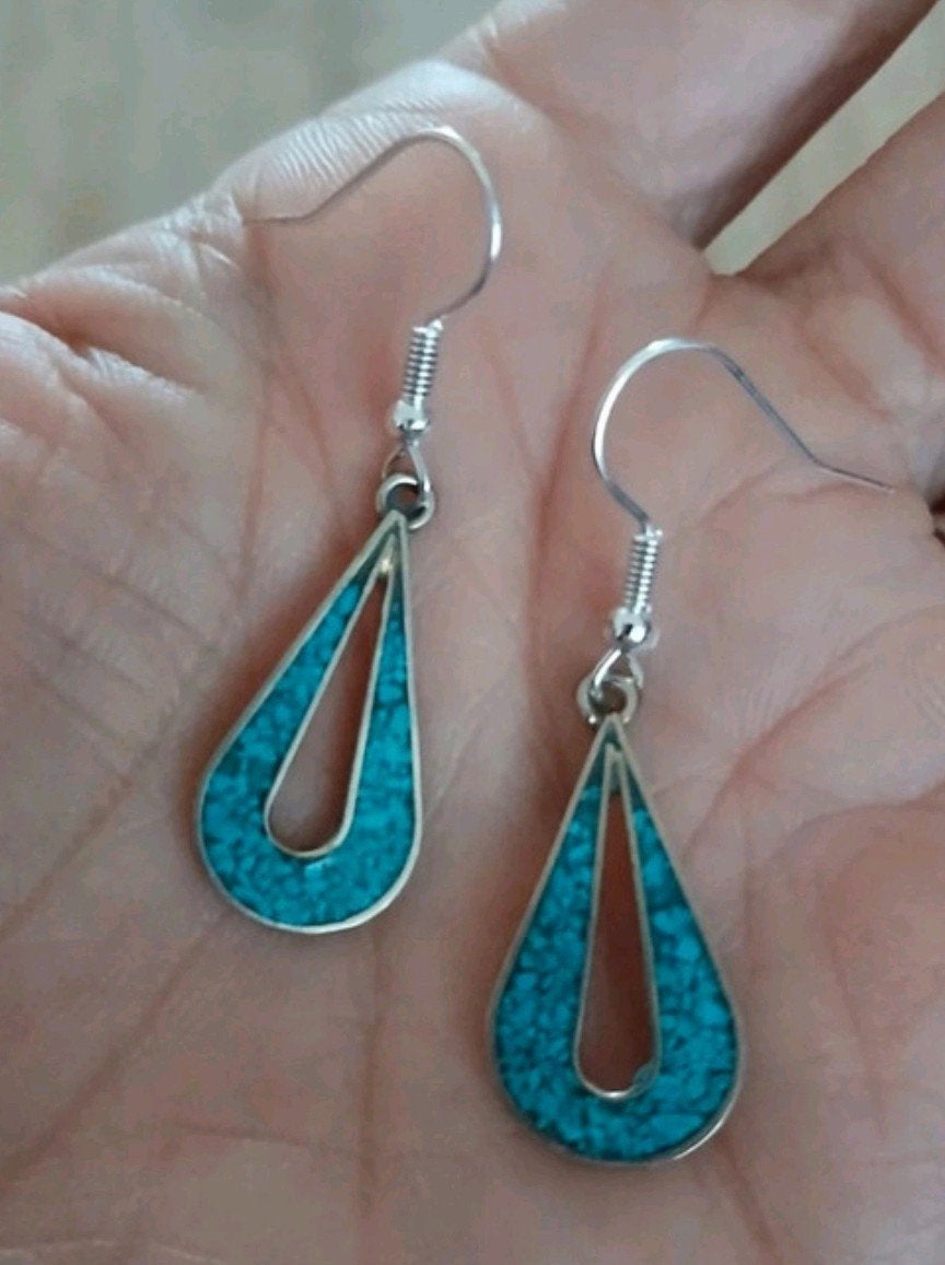 Vintage oorbellen Turquoise ( Alpaca Mexico), Ophalen of Verzenden, Blauw, Overige materialen