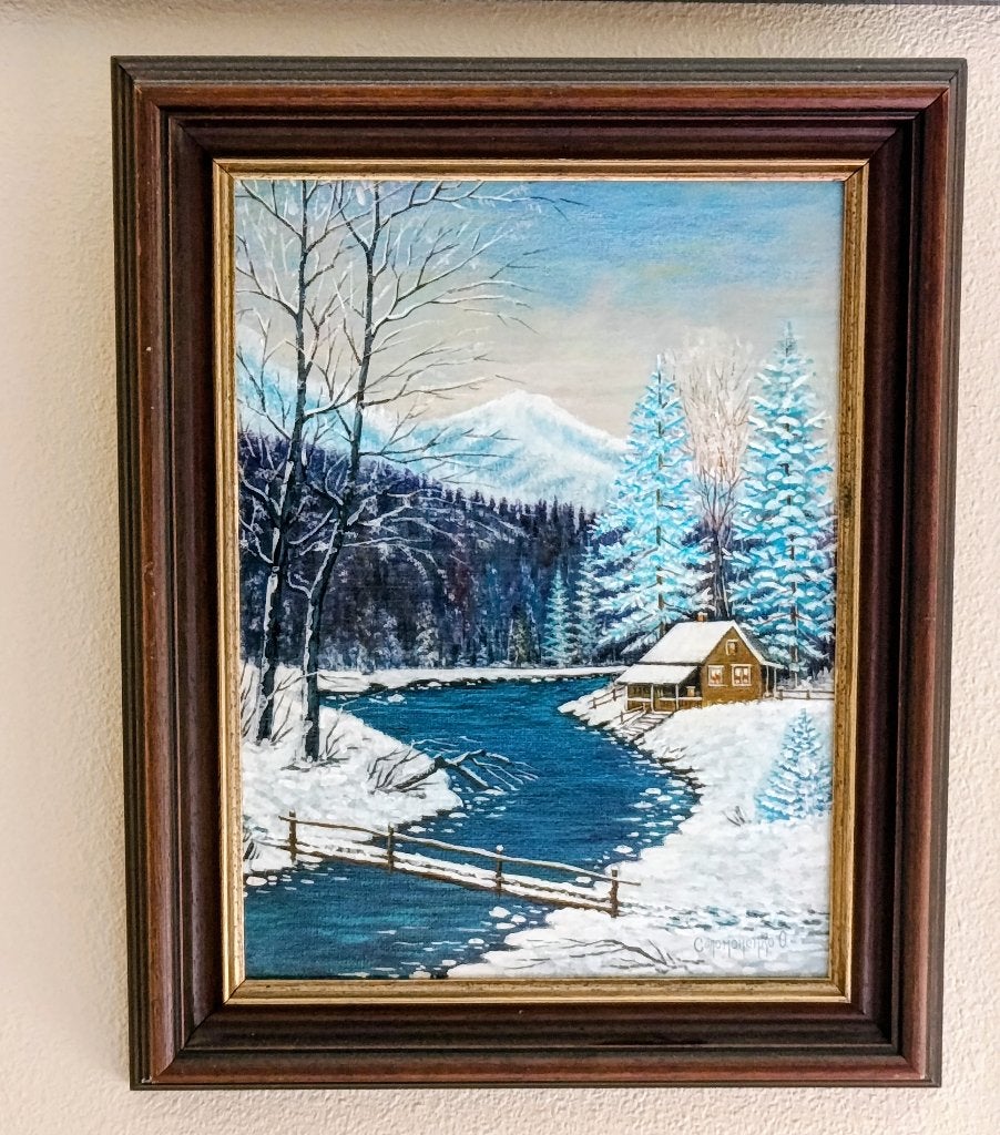 Schilderij Winterlandschap met Huisje en Rivier 30x40, Landschap, Ophalen of Verzenden, Gesigneerd, Olieverf