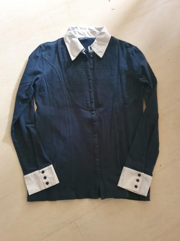 Zgan! mooi blauw shirt met witte kraag van Cane & Cane mt L!, Maat 42/44 (L), Zo goed als nieuw, Lange mouw, Verzenden