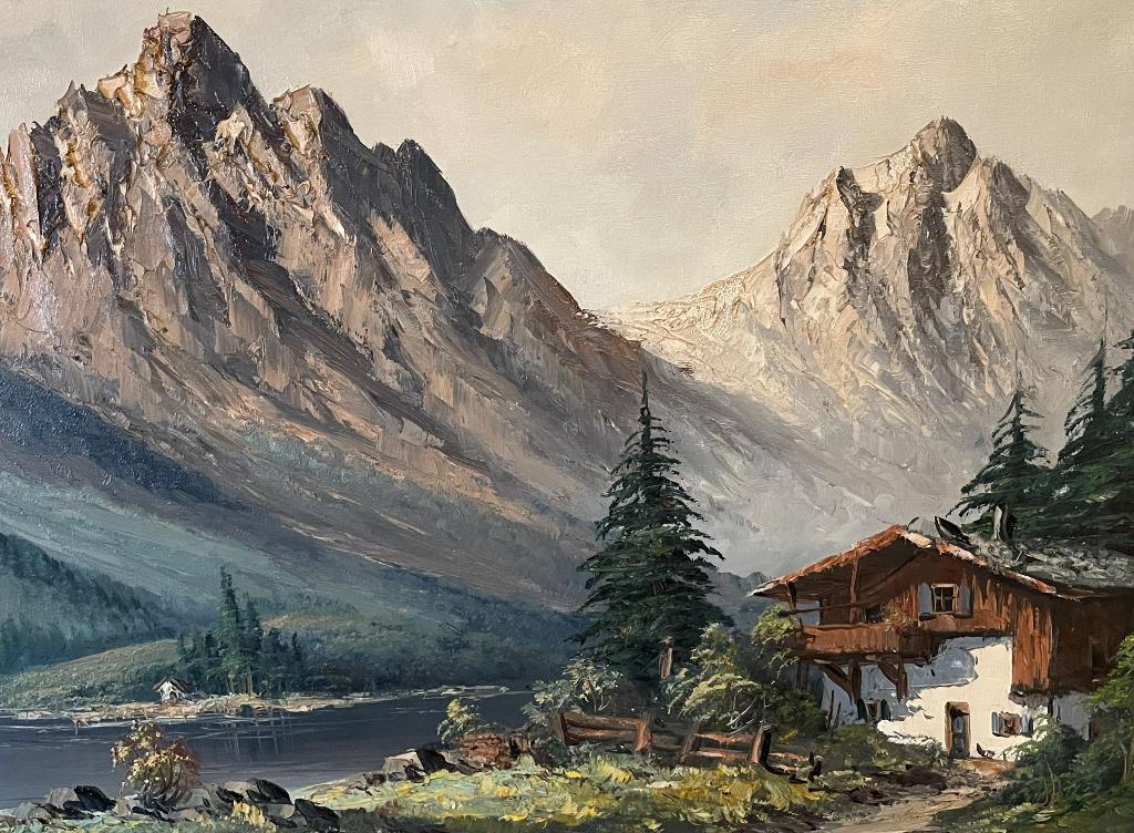 Alpenlandschap schilderij met lijst, Antiek en Kunst, Ophalen
