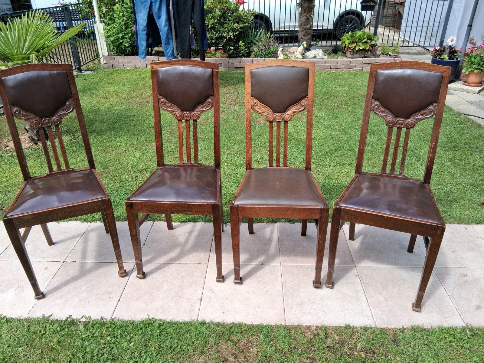 Set van 4 antieke houten stoelen met lederen zitting, Ophalen