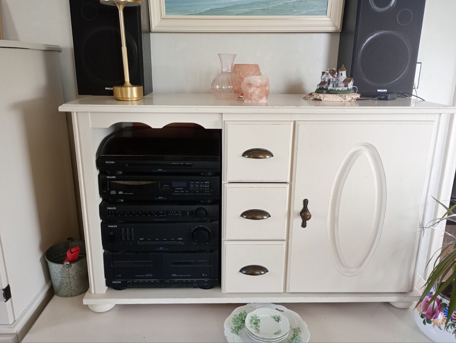 Witgelakte grenen TV kast en kleine kast met audio, Huis en Inrichting, Gebruikt, 100 tot 150 cm, Ophalen of Verzenden, Minder dan 100 cm
