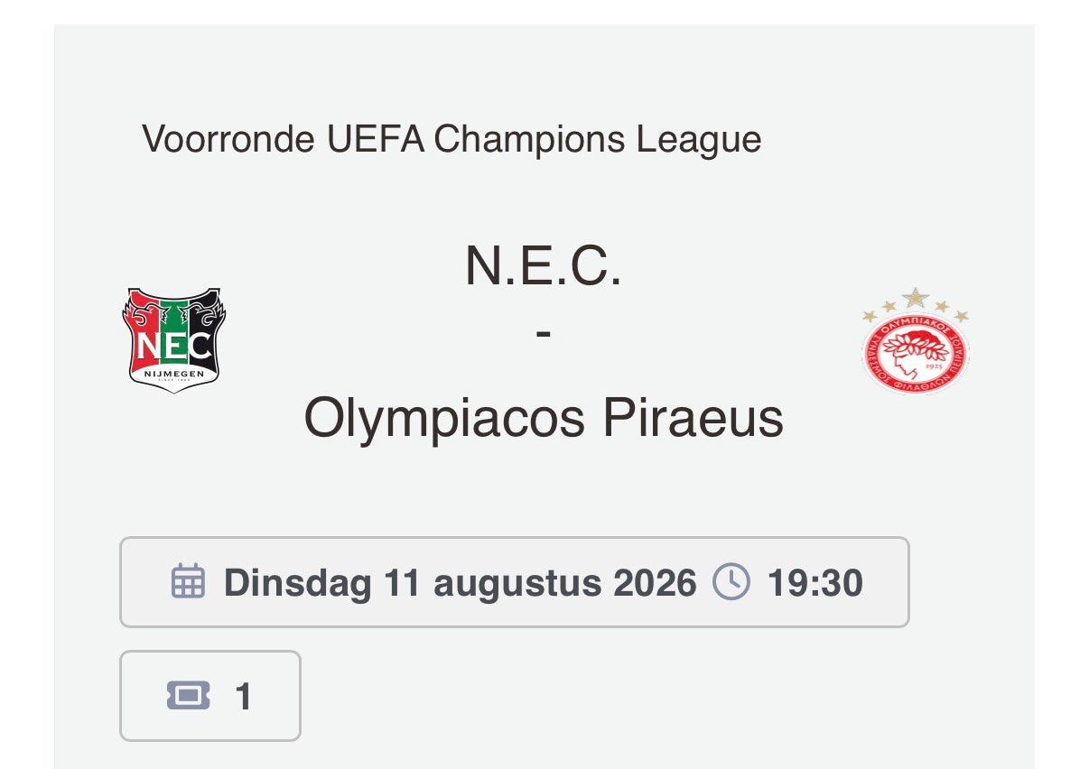 Te koop aangeboden kaartje NEC - Olympiakos, Tickets en Kaartjes, Losse kaart, Eén persoon, Augustus, Europa of Champions League