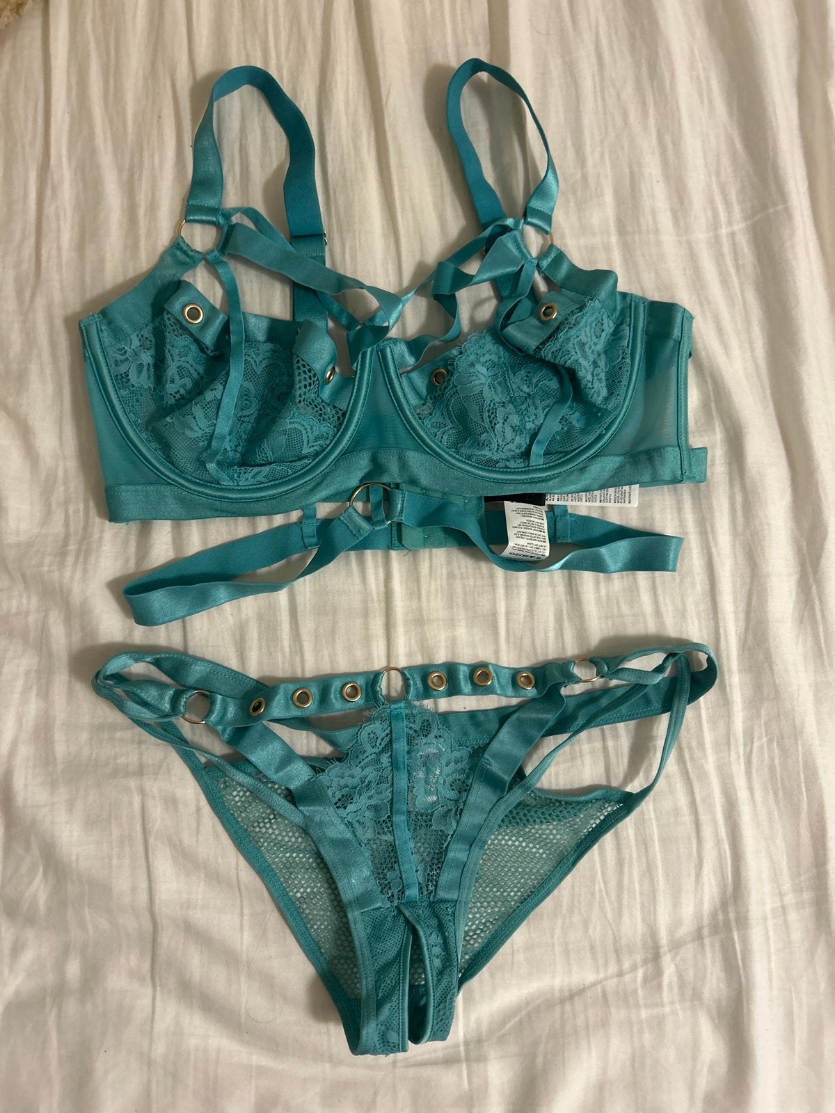 Turquoise Lingerie Setje met Kant en Bandjes, Ophalen of Verzenden, Overige kleuren, Setje