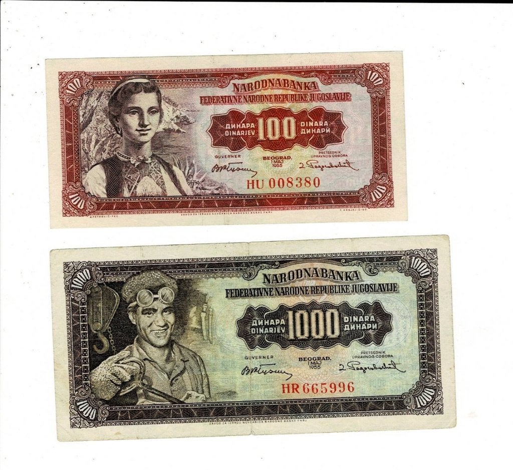 Joegoslavia, 100 & 1.000 dinara 1955, Postzegels en Munten, Bankbiljetten | Europa | Niet-Eurobiljetten, Verzenden, Joegoslavië