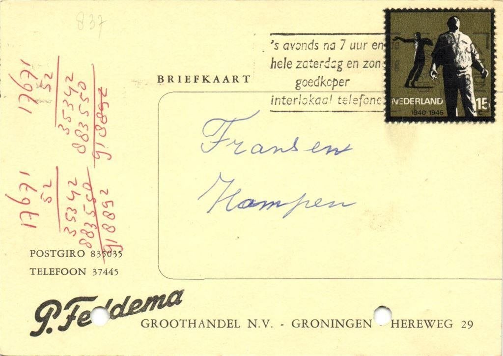P. Feddema Groothandel NV, Groningen - 05.1965 - briefkaart, Ophalen of Verzenden, Briefkaart
