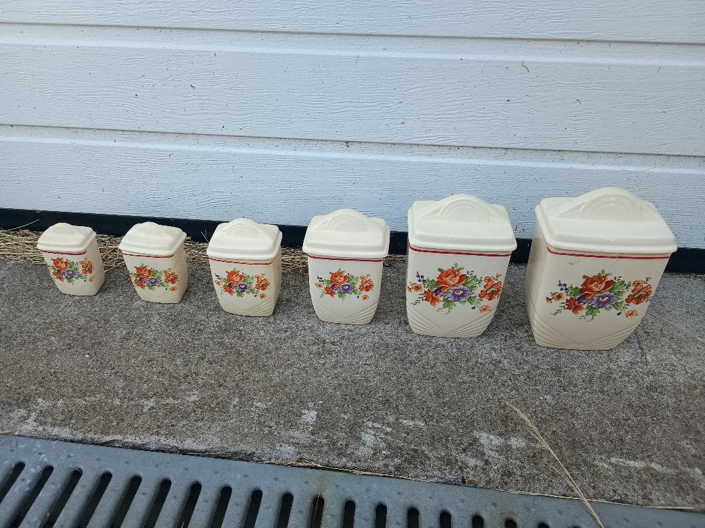 6 kruiden potjes specerijen retro vintage porseijn, Ophalen of Verzenden