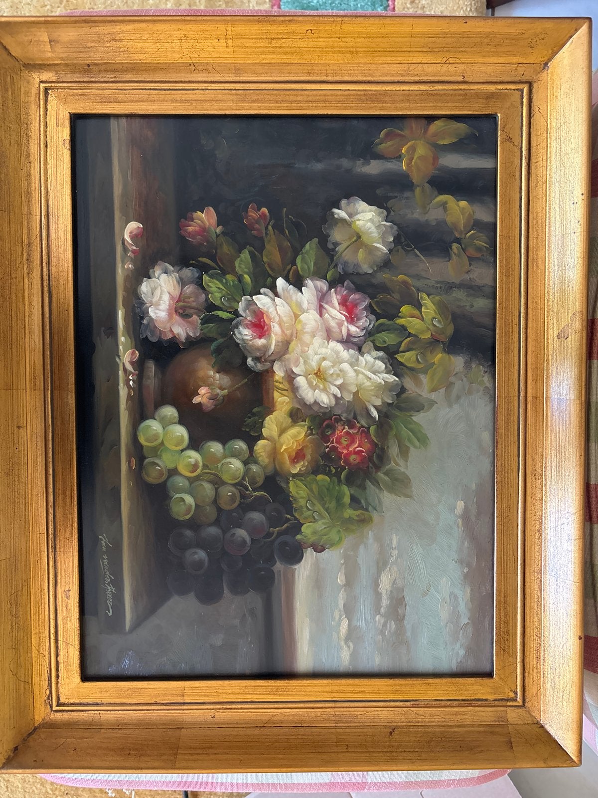 Stilleven met Bloemen en Druiven - Olieverf op Doek, Antiek en Kunst, Kunst | Schilderijen | Klassiek, Ophalen, Doek, Realistisch