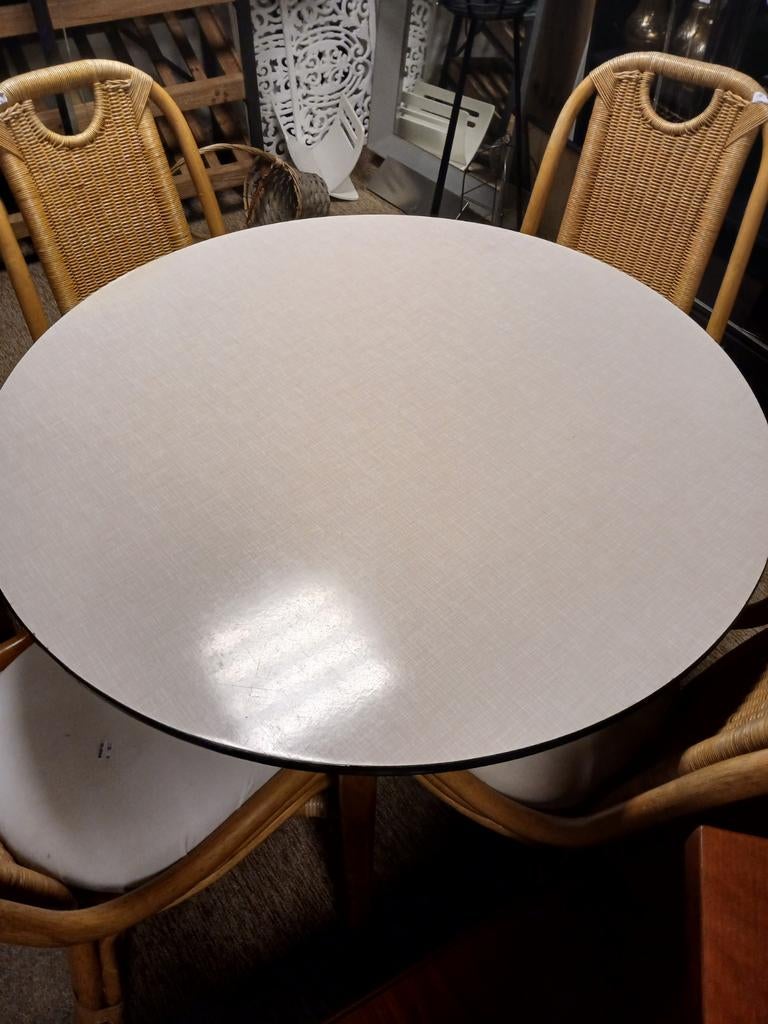 Vintage Formica Tafel - rond 100cm, Gebruikt, 100 tot 150 cm, Vintage, Overige houtsoorten