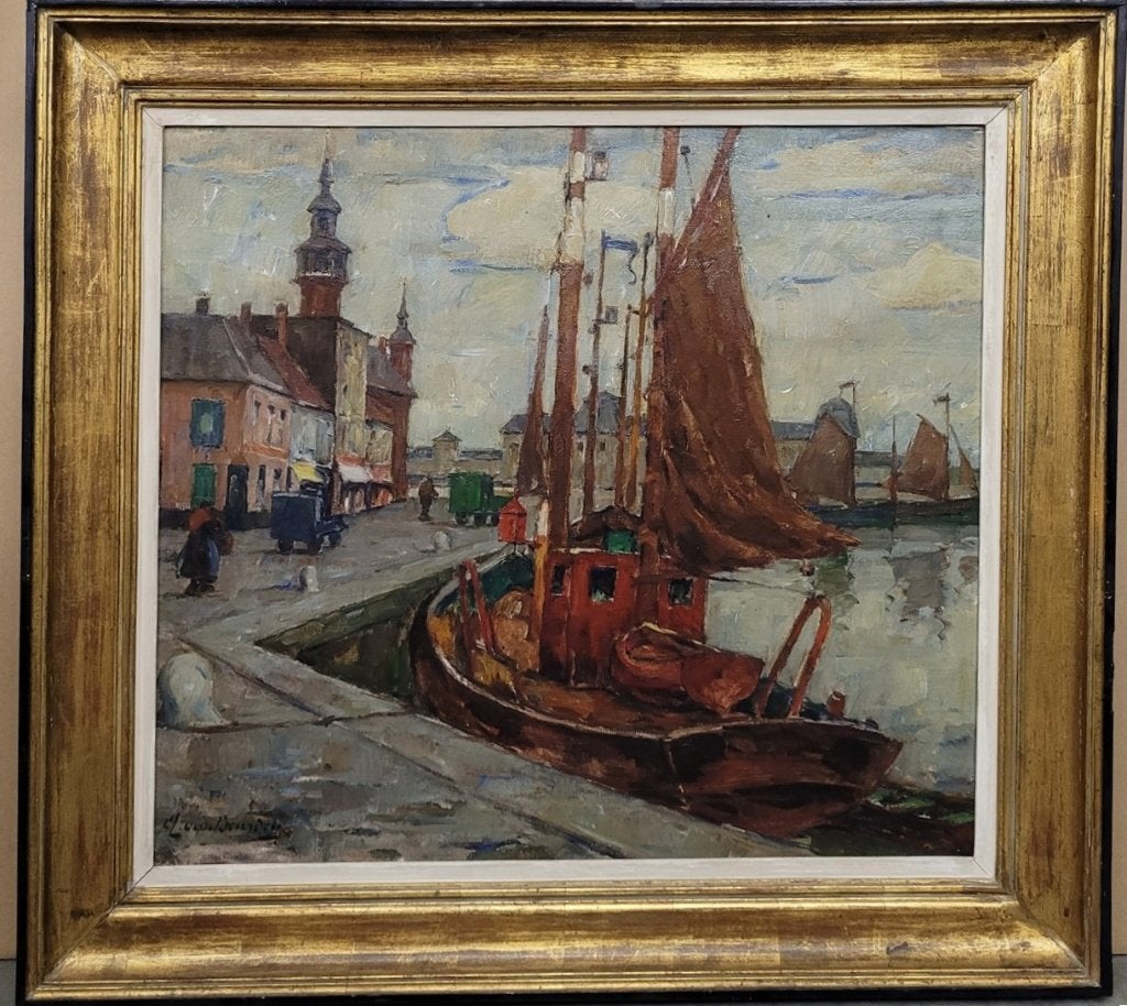 Alfons VAN BEURDEN, aan de kade, Ophalen, Maritiem / water, Doek, Olieverf