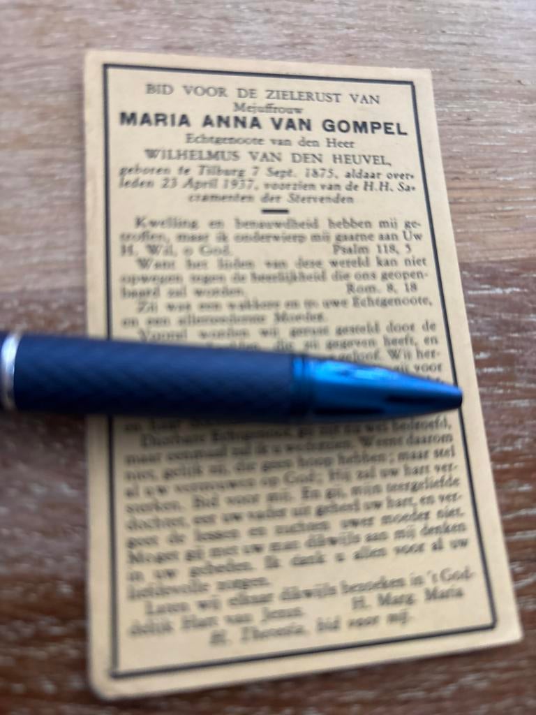 Gompel van Maria 1875 Tilburg 1937 x vd Heuvel - E01347 -, Ophalen of Verzenden, Bidprentje