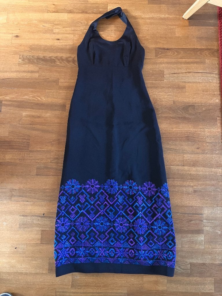 vintage lange jurk / galajurk / haltermodel  34/36  zwart, Kleding | Dames, Zwart, Ophalen of Verzenden, Zo goed als nieuw, Vintage