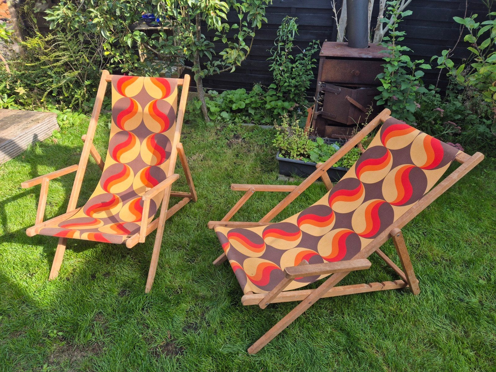 Vintage strandstoelen met retro print set van 2, Ophalen, Gebruikt, Hout, Inklapbaar