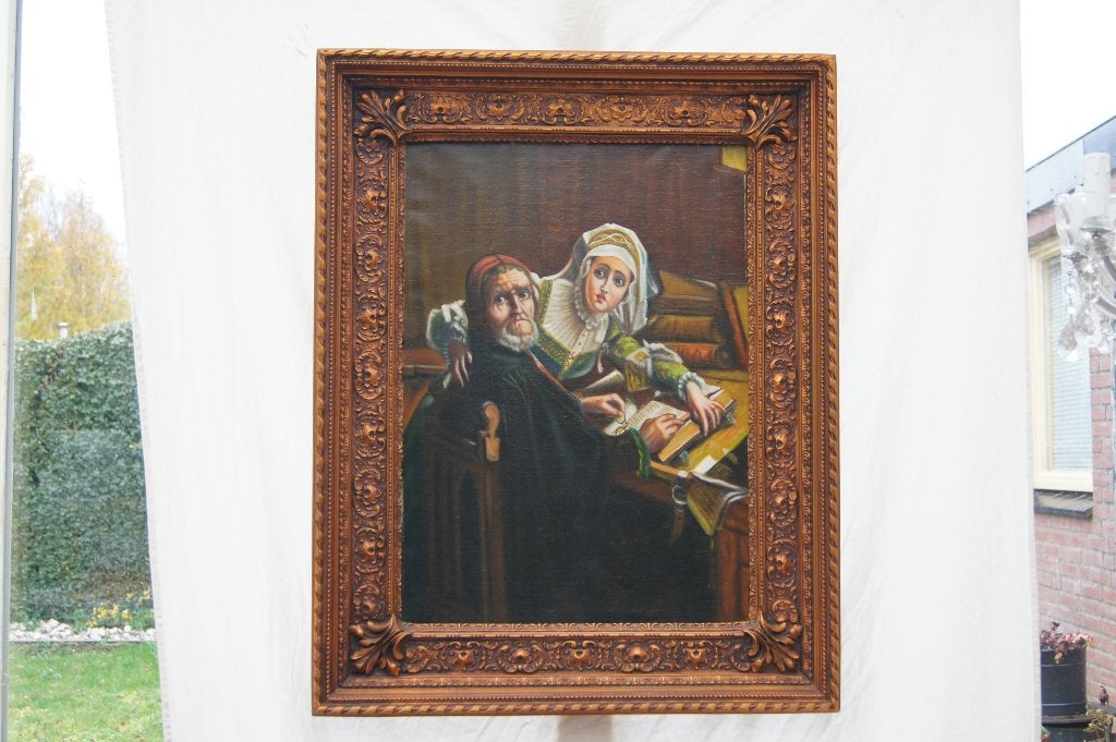 Olieverfschilderij: Man en Vrouw aan Bureau, Doek, Portret of Personen, Ophalen of Verzenden, Olieverf