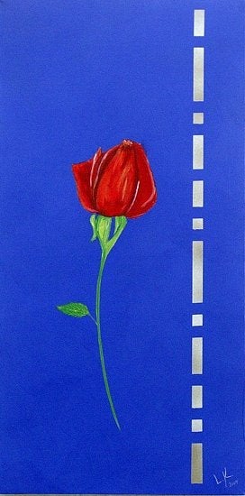 Handgeschilderd schilderij Rose in Blue door Linda Kahn, Antiek en Kunst, Acrylverf, Doek, Expressionistisch, Gesigneerd
