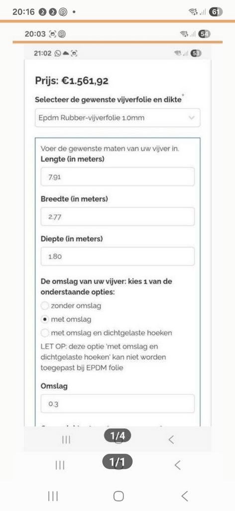 EPDM 3D vijverzak 7.91 x 2.77 x 1.80 x 0.47, Ophalen, 3853JR, Nieuw, Aquafactory
