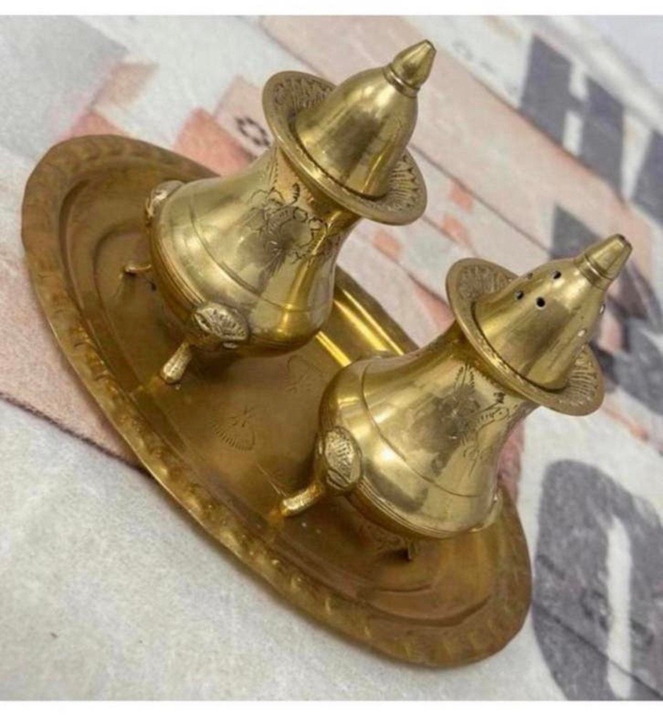 Antiek koper messing peper en zout set stel + dienblad 1950, Ophalen of Verzenden