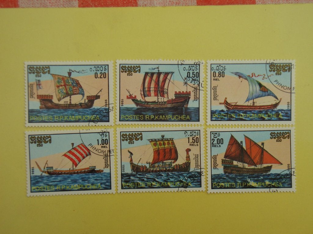 BK   Cambodja oude schepen 776-781, Postzegels en Munten, Ophalen of Verzenden, Gestempeld, Overige thema's
