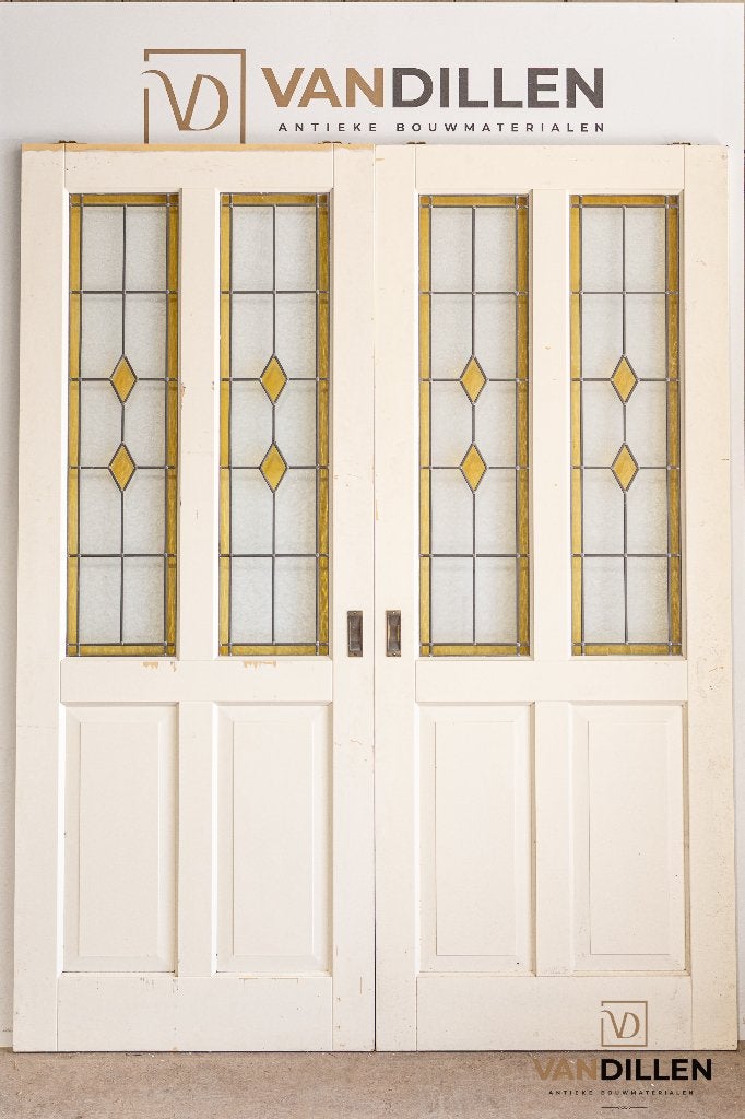 Oude robuuste ensuite schuifdeuren met glas in lood, Gebruikt, 120 cm of meer, Binnendeur, Ophalen of Verzenden