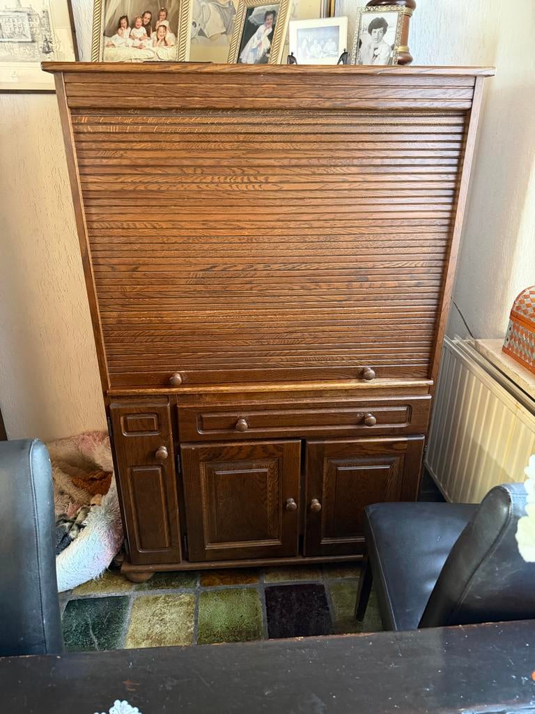 Vintage eiken rolluik kast / bureau, Antiek en Kunst, Ophalen