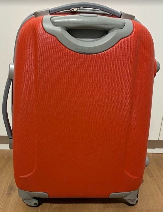 Koffer, klein, oranje, 4 wielen, uitschuifbare handgreep, Gebruikt, 50 tot 60 cm, Ophalen of Verzenden, Zacht kunststof