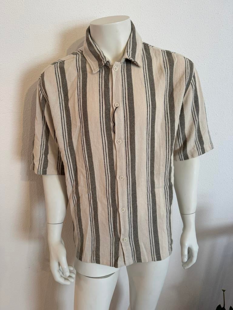 NIEUW Bershka Shirt XL Beige/Groen Gestreept 100% Katoen, Verzenden, Nieuw, Beige, Halswijdte 43/44 (XL)