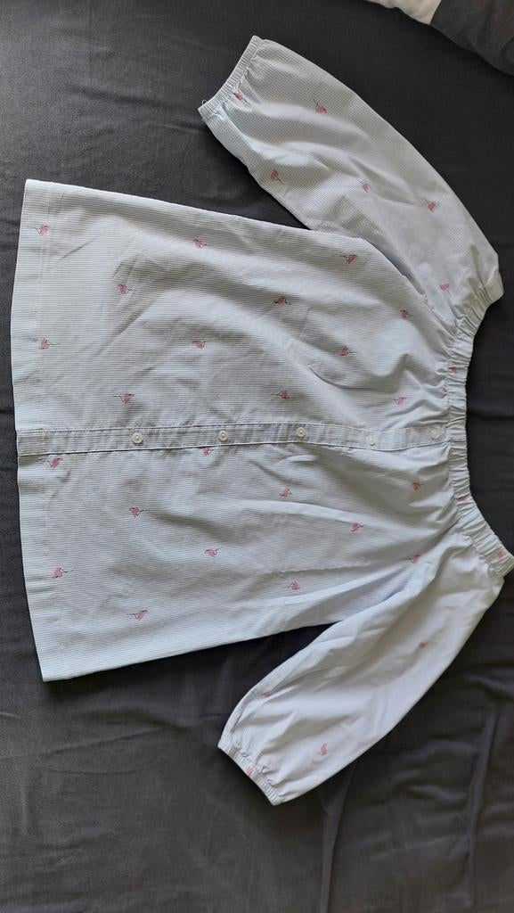 Blauw,  wit gestreepte blouse met flamingo's erop, Ophalen of Verzenden, Gedragen, Maat 38/40 (M), Blauw