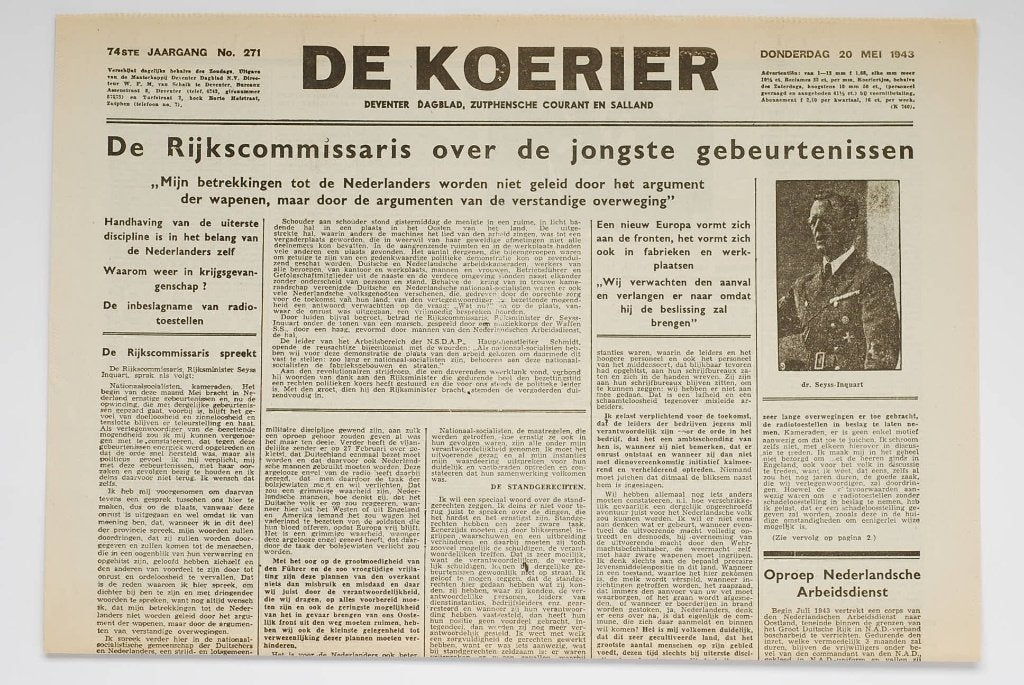 De Koerier 20 Mei 1943 Krant WOII Heruitgave 1994, Verzamelen, Zo goed als nieuw, Verzenden, Amsterdam, Overige soorten