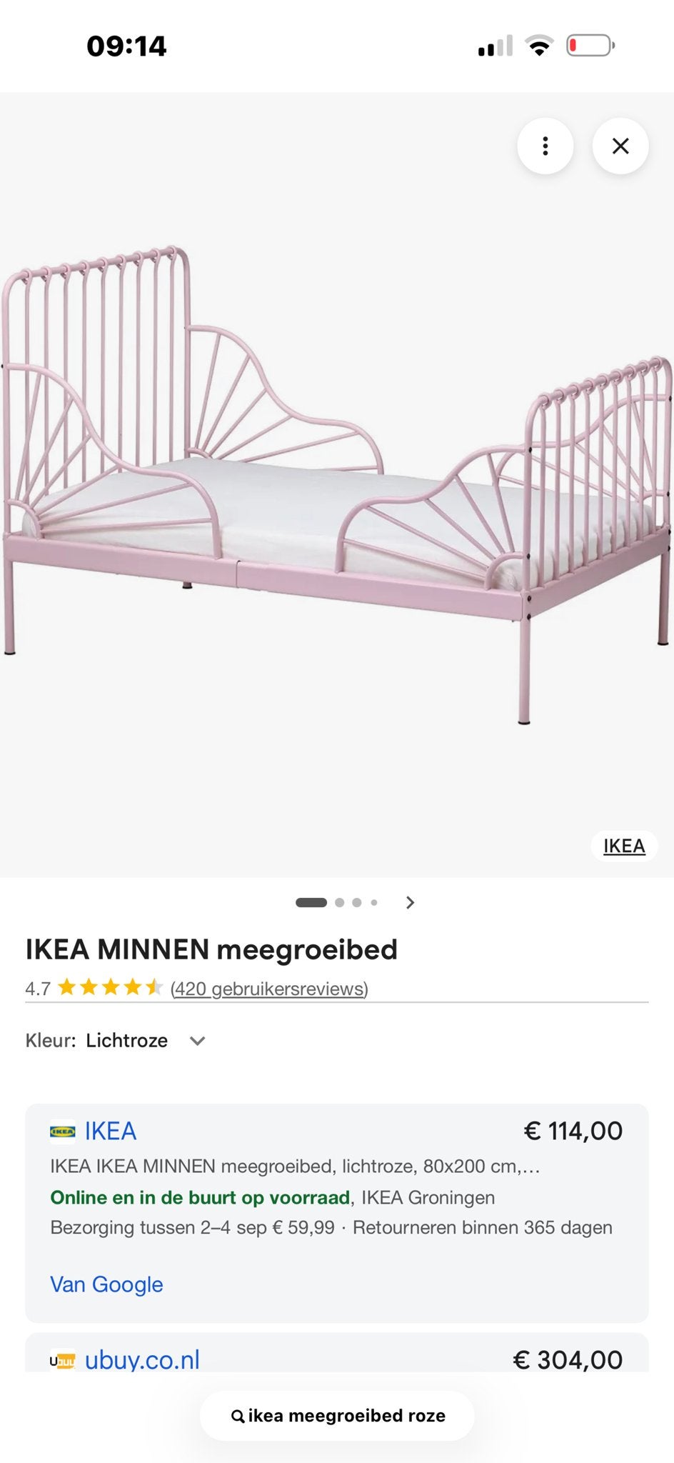 IKEA MINNEN meegroeibed roze met matras en onderlakens, Kinderen en Baby's, Kinderkamer | Bedden, 70 tot 85 cm, Ophalen of Verzenden