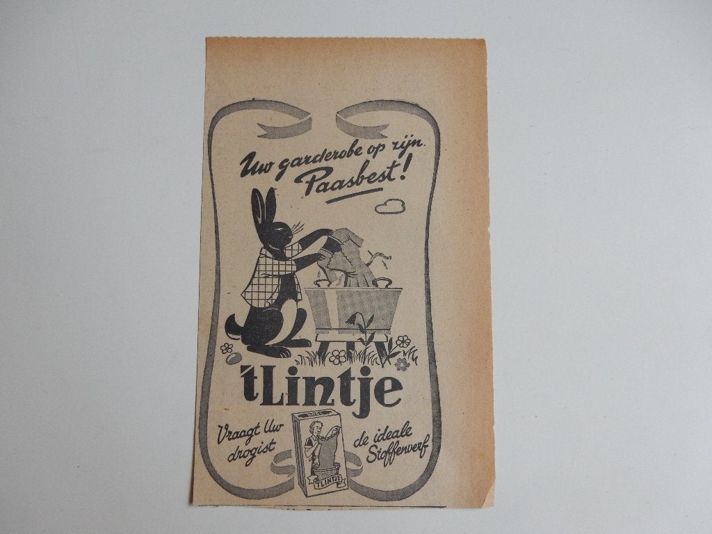 't Lintje- stoffenverf (garderobe op zijn Paasbest) reclame., Ophalen of Verzenden, 1940 tot 1960, Nederland, Knipsel(s)