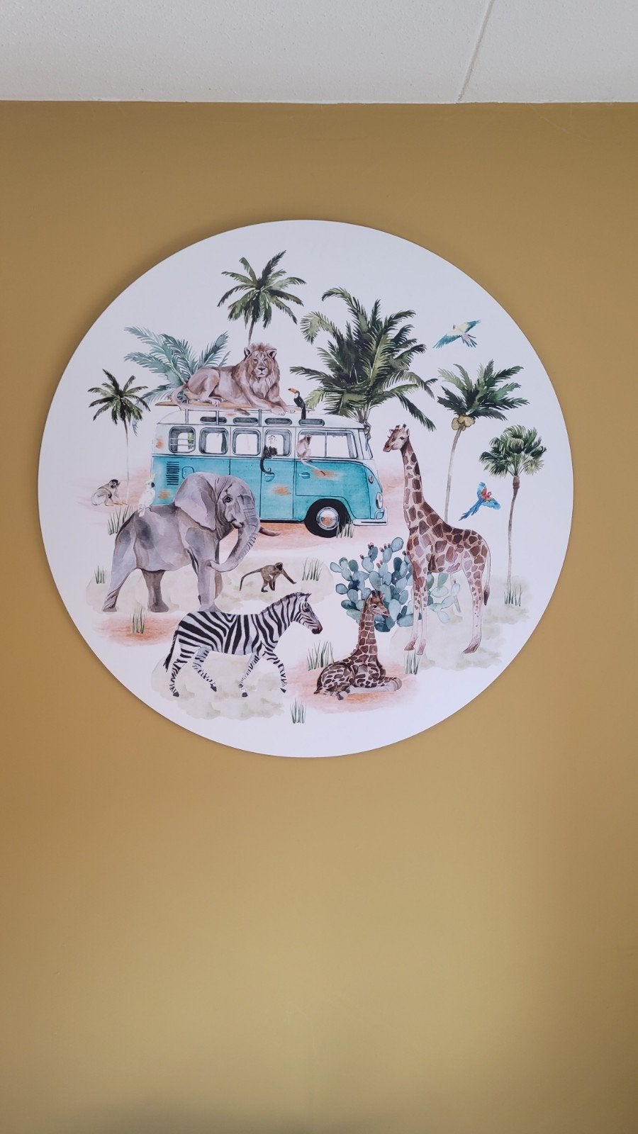 Wandcirkel Safari Dieren VW Bus Kinderkamer Decoratie jungle, Ophalen, Zo goed als nieuw, Wanddecoratie