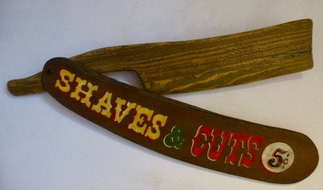 Houten barbiersmes/scheer/barbershop/vintage / shaves & Cuts, Reclamebord, Ophalen of Verzenden, Zo goed als nieuw, Dj.kammeraat@telfort.nl