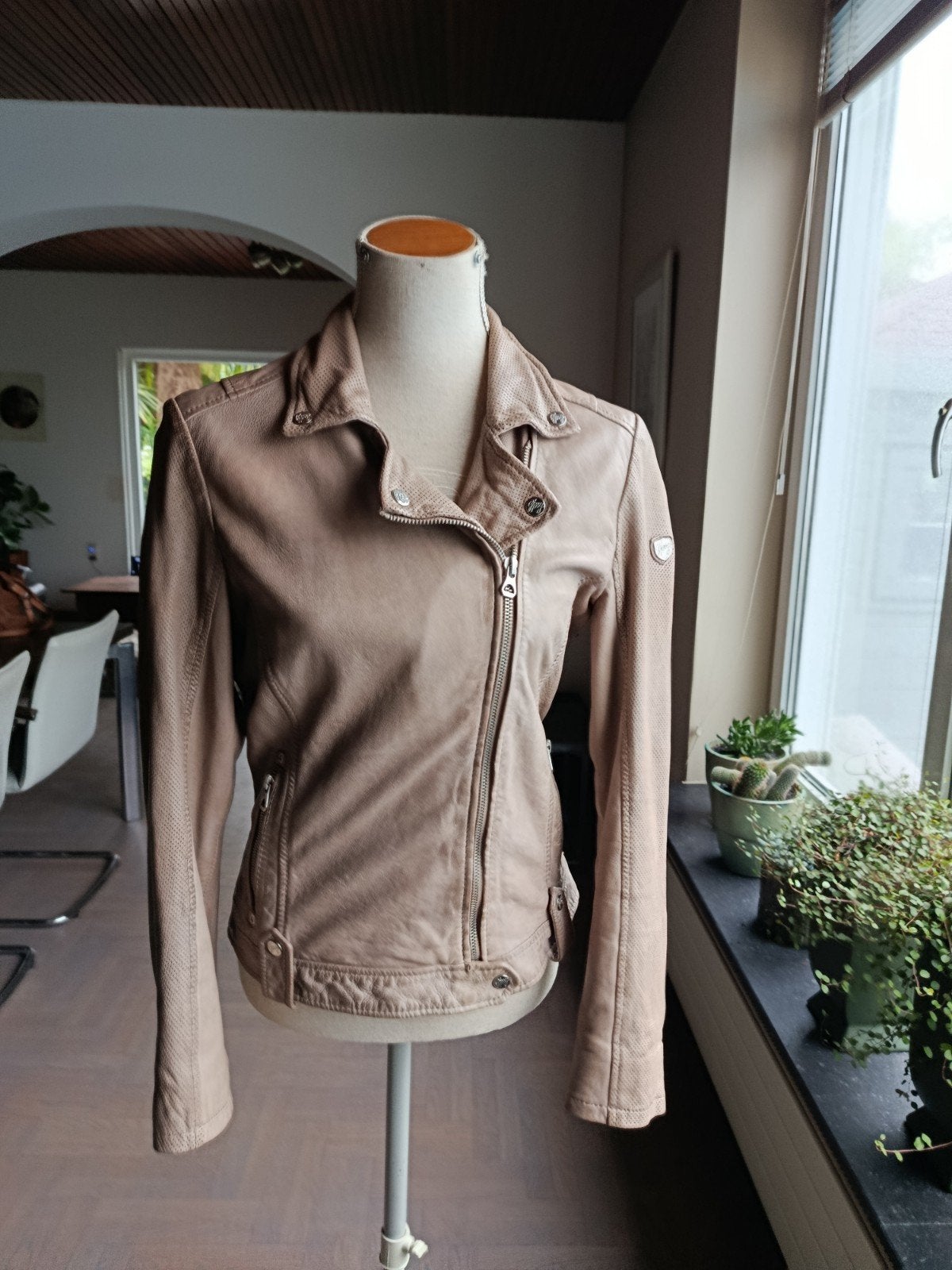 Gipsy Leren Bikerjack - Zo goed als nieuw maat S, Gipsy, Beige, Ophalen of Verzenden, Zo goed als nieuw