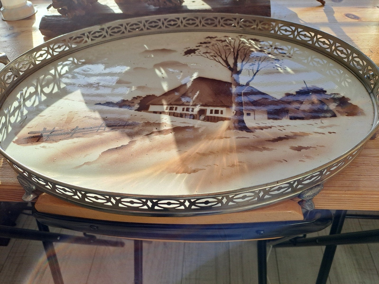 Antiek dienblad met landschap decoratie, Ophalen of Verzenden
