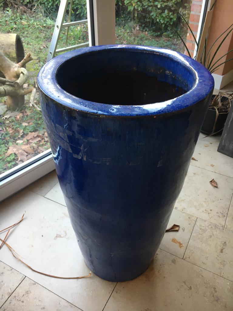 Grote hoge blauwe keramiek plantenpot plantenbak, Ophalen, Overige materialen, Rond, Zo goed als nieuw