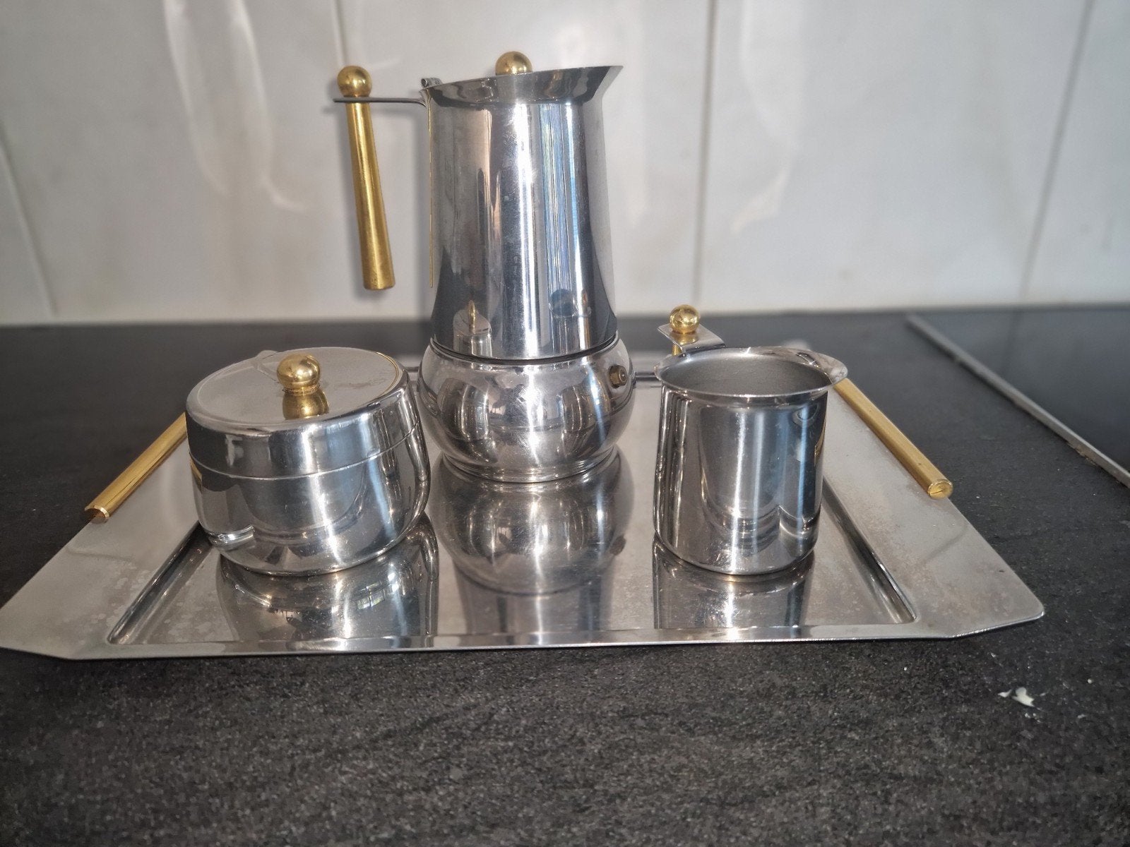 Vintage Guido Bergna Espresso Set - RVS met Gouden Details, Zilver, Ophalen of Verzenden, Metaal, Overige merken