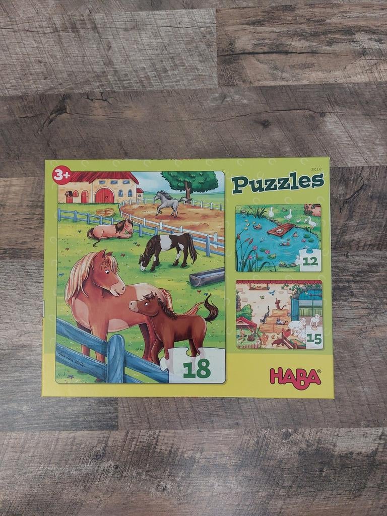 HABA Puzzels Paarden en Boerderij (3 puzzels in 1), Ophalen, 10 tot 50 stukjes, Zo goed als nieuw, 2 tot 4 jaar