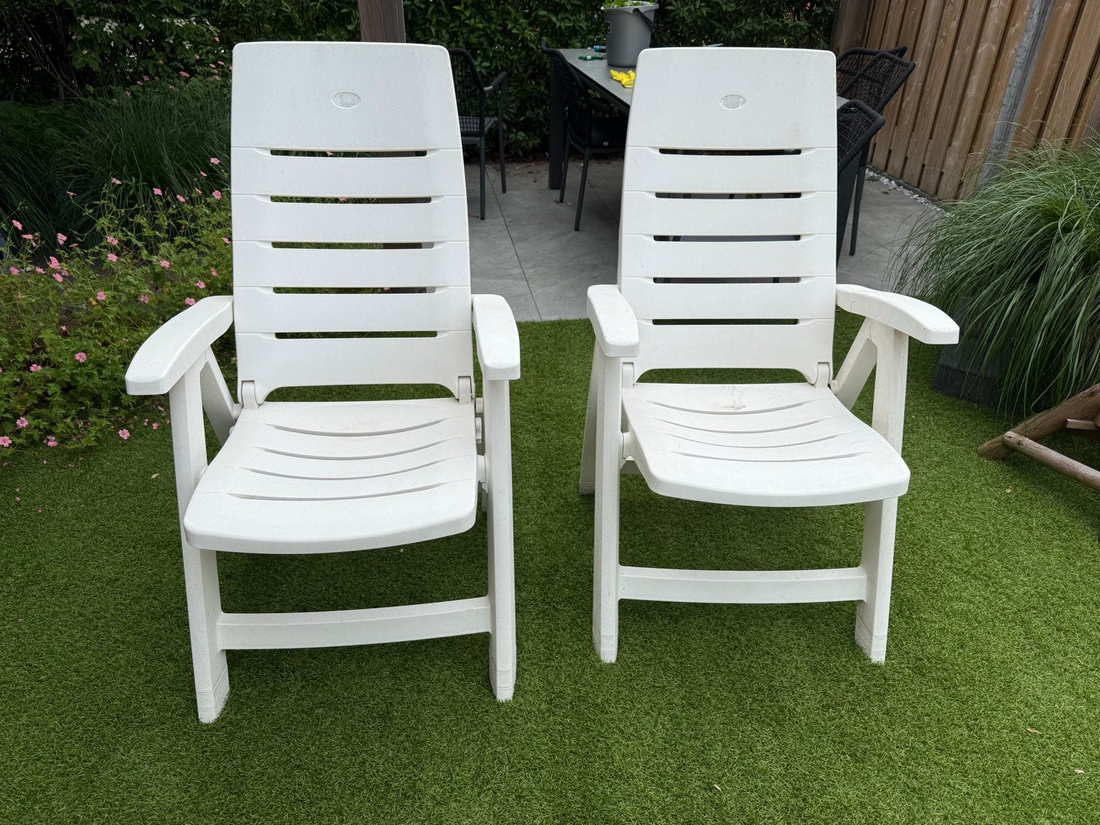 2x Hartman verstelbare tuinstoelen met kussens, Ophalen, Gebruikt, Kunststof, Verstelbaar