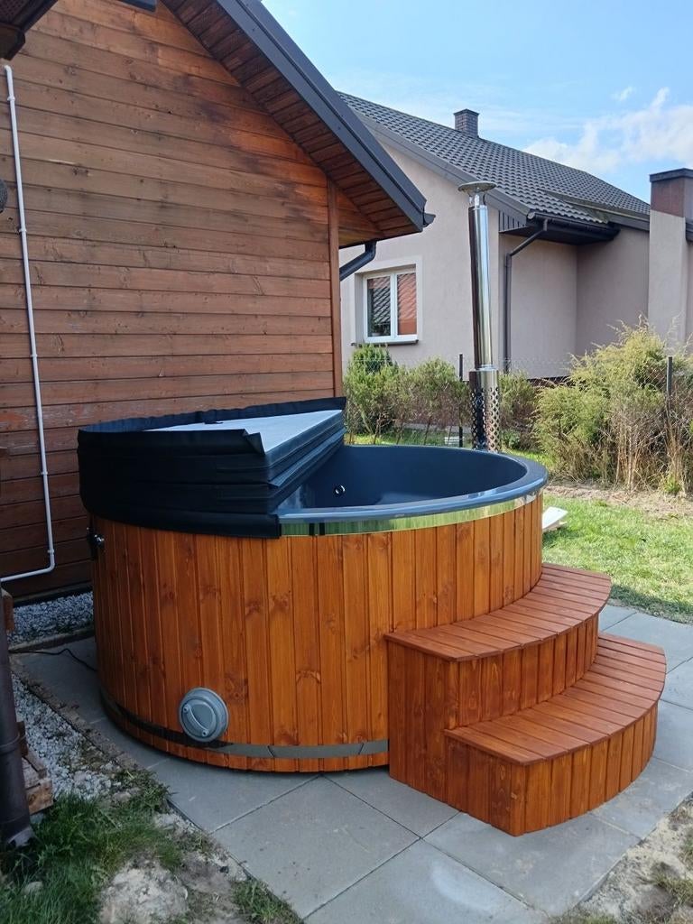 Nieuwe tuinjacuzzi met externe kachel en trap, Ophalen of Verzenden, Nieuw, Afdekzeil, Vast