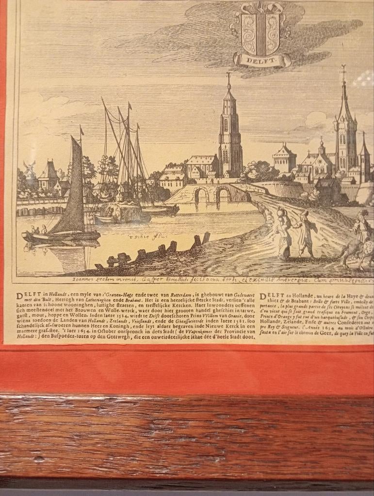 Antieke Gravure Delft Stadsgezicht 17e Eeuw Ingelijst, Antiek en Kunst, Stadsgezicht, Ingelijst, Gravure, 1600 - 1699