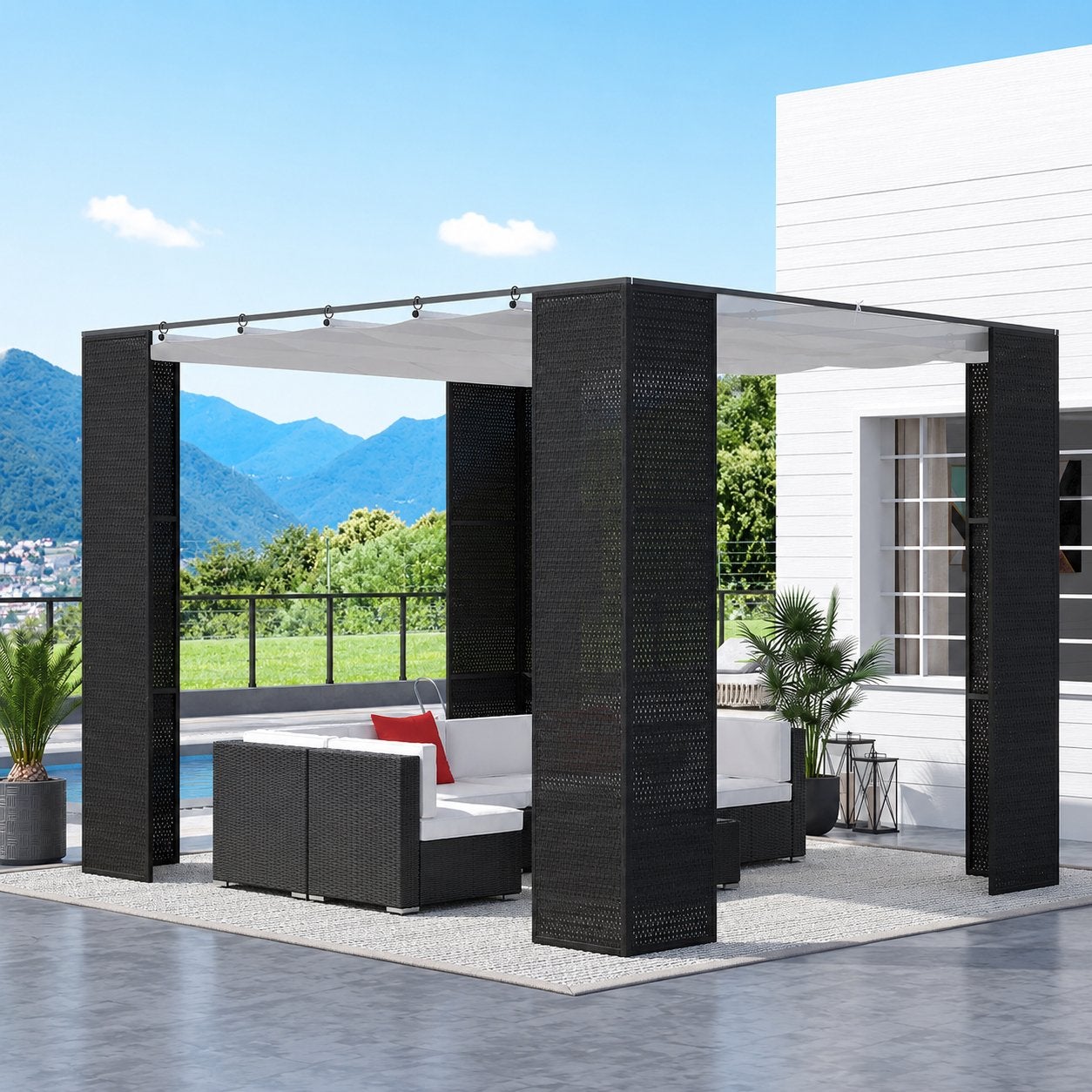 Luxe Paviljoen/ Pergola met Uitschuifbaar Dak - Zwart Wicker, Minder dan 4 meter, Zo goed als nieuw, Paviljoen, 2 meter of meer