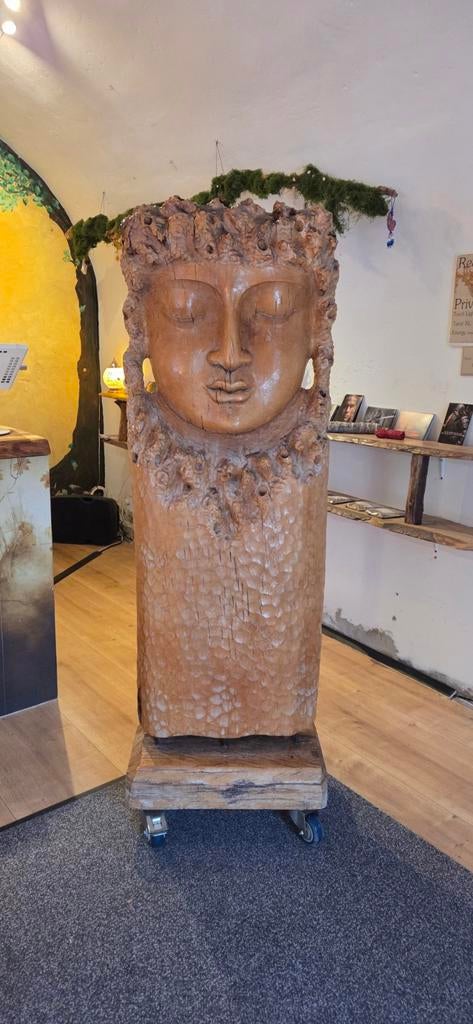 Groot houten Boeddha beeld - 161 cm hoog, Antiek en Kunst, Ophalen, Handgemaakt, 1 meter - 2 meter, Beeld