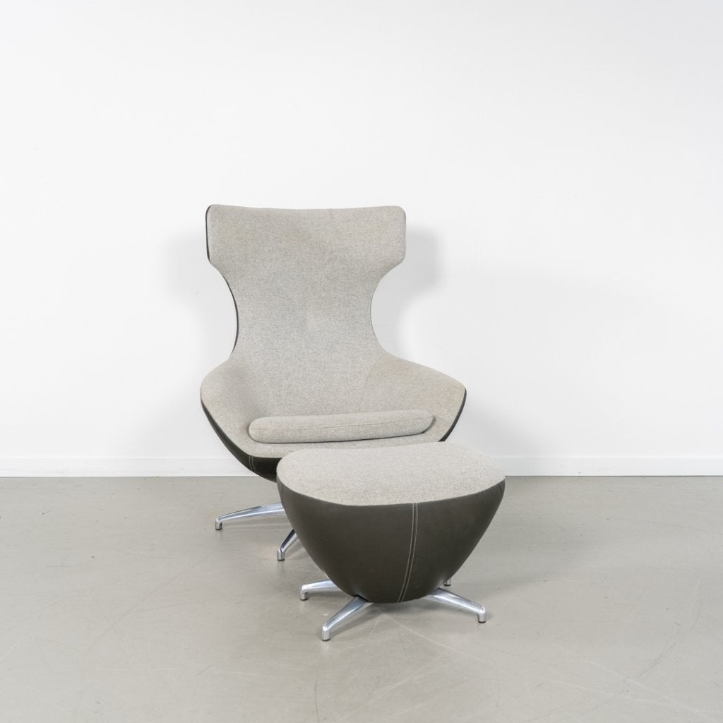 1x Leolux Caruzzo Fauteuil + Hocker Grijs Stof/Leer - Chroom, Huis en Inrichting, Fauteuils, Niet ingevuld, Leer, Niet ingevuld