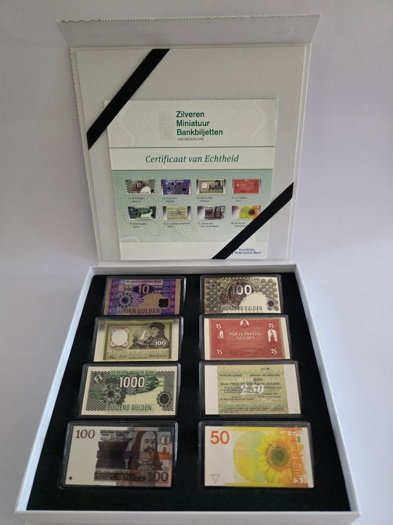 Zilveren Minatuur Bankbiljetten 8 stuks met certificaat !!!!, Ophalen of Verzenden, Nederland, Bankbiljetten