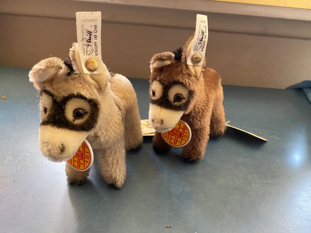 2 Steiff ezels, Ophalen of Verzenden, Gebruikt, Stoffen beer, Steiff