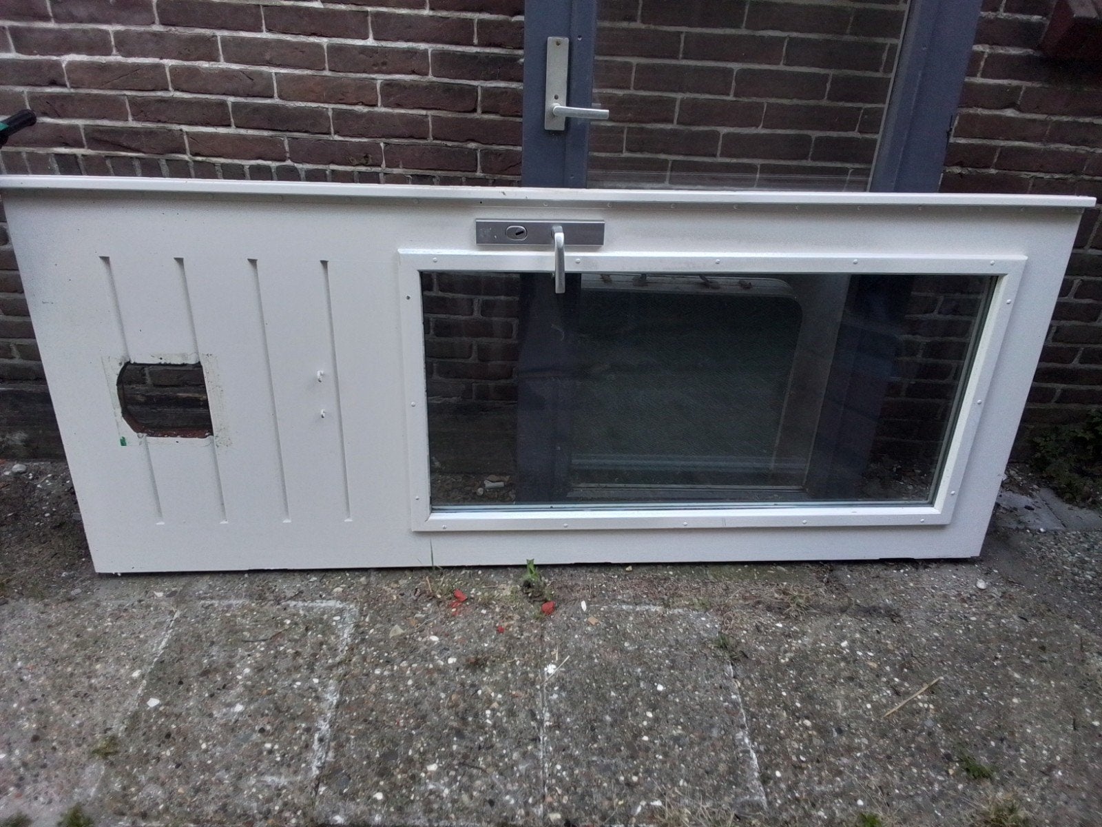 Hardhouten buitendeur 208.8 X 84.4 cm kattenluik dubbelglas, Ophalen, Gebruikt, 80 tot 100 cm, Buitendeur