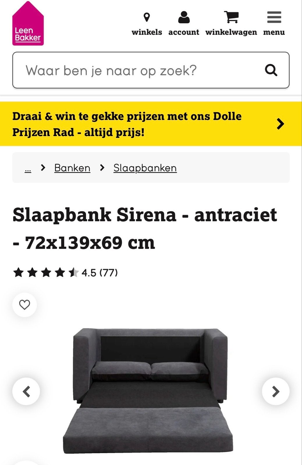 Slaapbank Sirena - Antraciet - 72x139x69 cm, Ophalen, Gebruikt, Tweepersoons, Overige maten