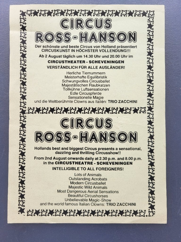 Circus Ross-Hanson programma flyer A4 formaat 1984, Ophalen of Verzenden, Gebruikt